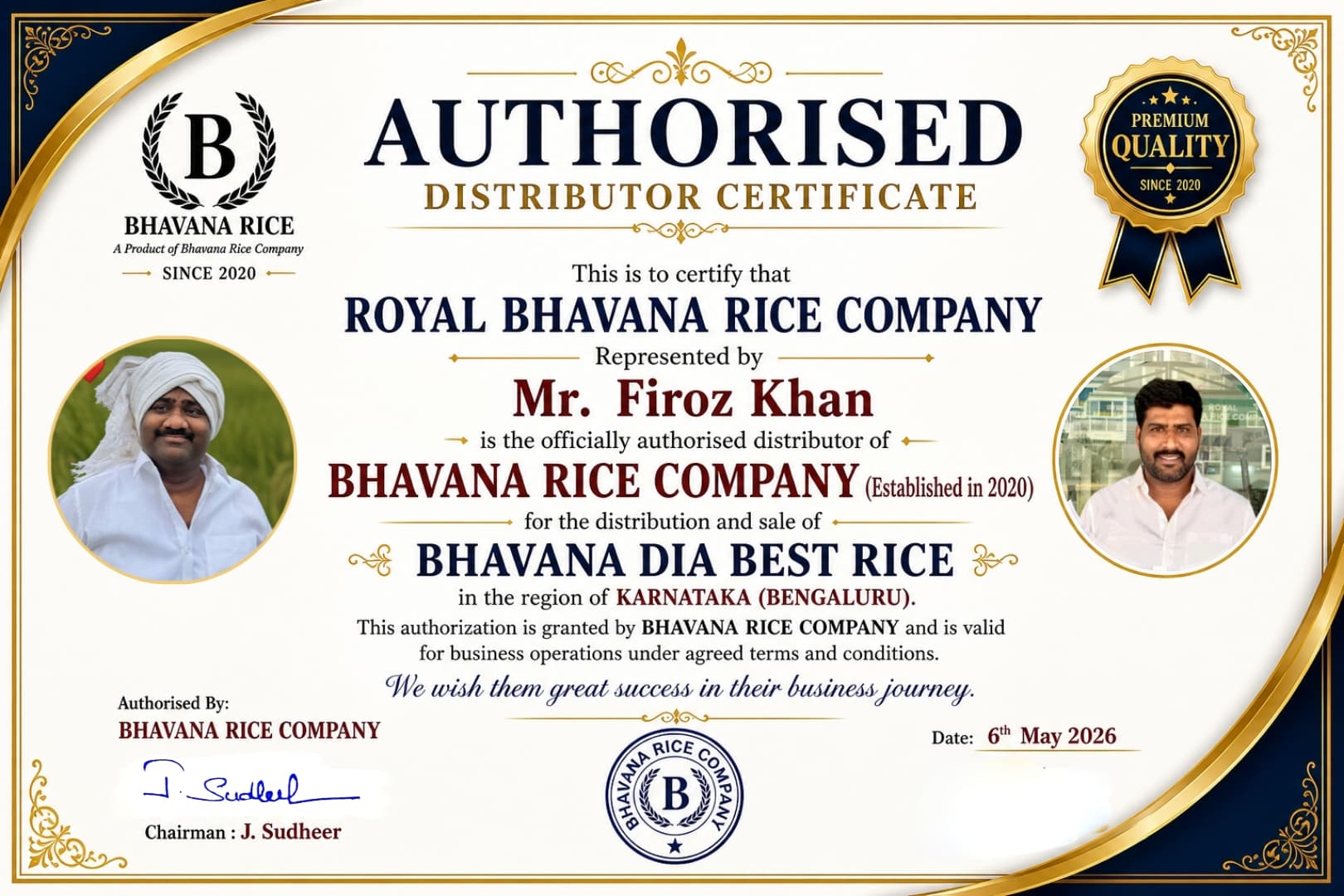 Authorized distributor certificate for Royal Bhavana Rice Company represented by Mr. Firoz Khan